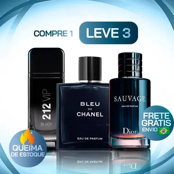 Kit 3 Perfumes Masculinos (100ml) - Sauvage | Bleu | 212 vip [QUEIMA DE ESTOQUE]